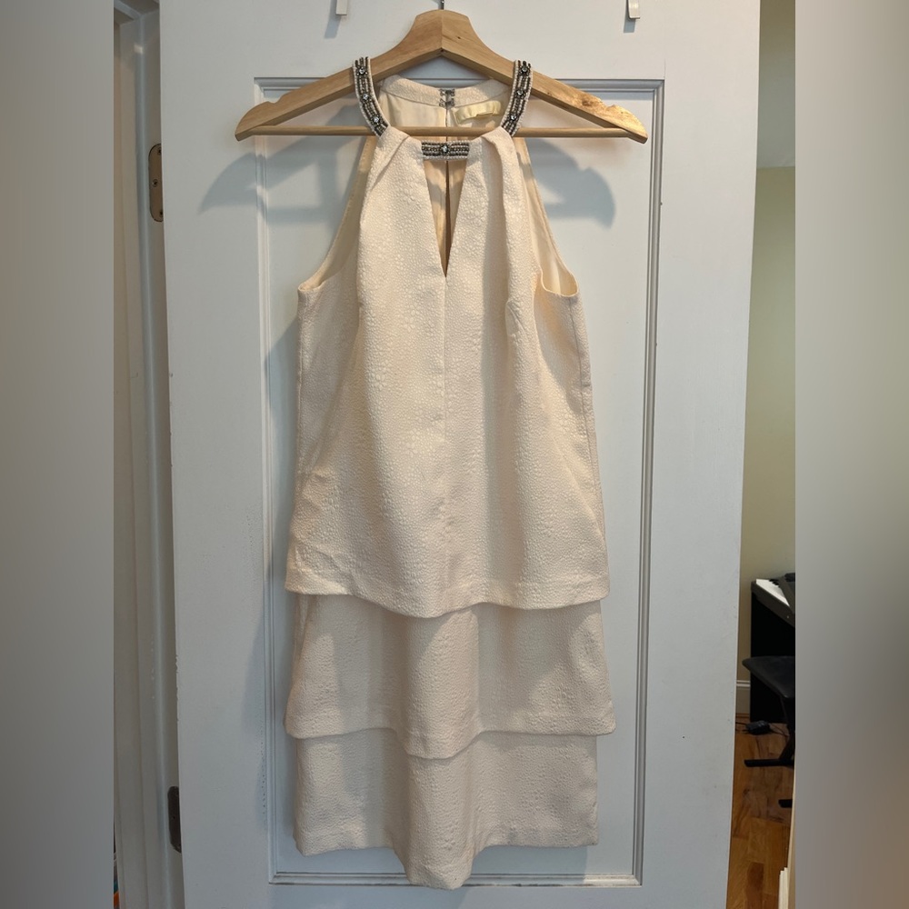 Ann Taylor three tier layered little white dress with jeweled neckline